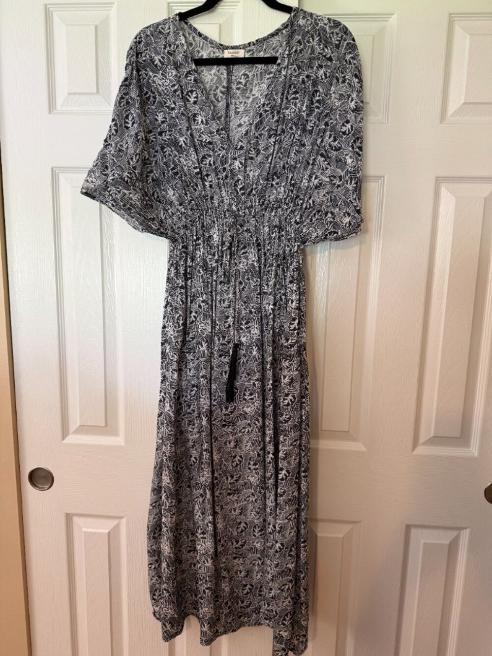 World Market Black White Boho Maxi Dress Size S/M V Neck Tassel Tie
